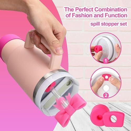 AIERSA 9PCS Cup Accessories Set for Stanley Cup 30oz 40oz Tumbler with Handle, Including Bow Straw Topper Cover Cap and Boot, Spill Proof Stopper, Initials Letter Charms for Handle, Pink Keychain (K) thumbnail 6