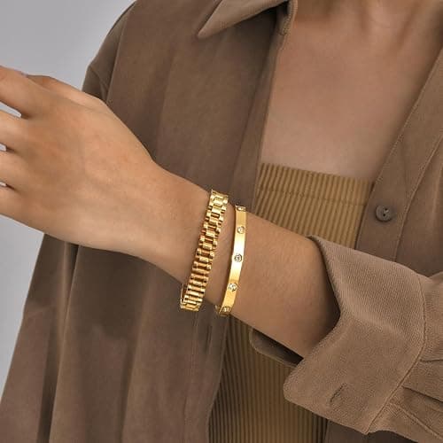 MPRAINBOW 2pcs 18K Gold Plated Chain Link Bracelet, Stainless Steel Crystal Friendship Bracelets Bangle,Watch Band Chains Wristband Jewelry with Adjust Tool thumbnail 3