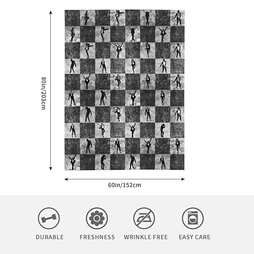 Black and White Checkered Hip Hop Dancer Throw Blanket, Funny Silhouette Dance Moves Pattern (80"x60") thumbnail 2