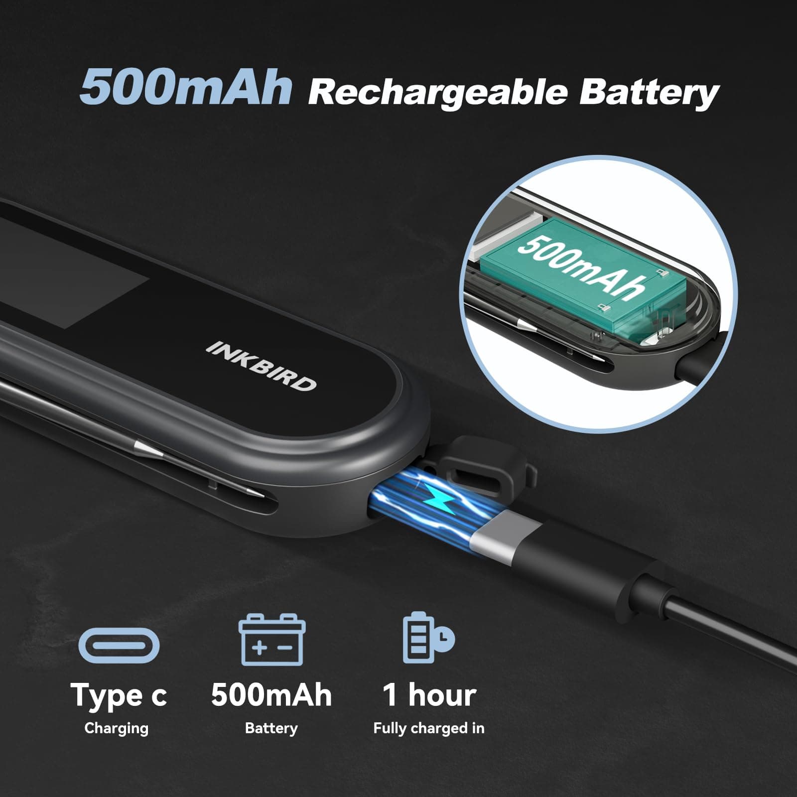INKBIRD Instant Read Meat Thermometer IHT-21K 0.5S Fast Read BBQ Grilling | IP65 Waterproof, Rechargeable Battery, ±0.3℃ High Accuracy, Calibration, Auto-off, Outdoor Cooking, BBQ, Baking, Deep Frying thumbnail 4