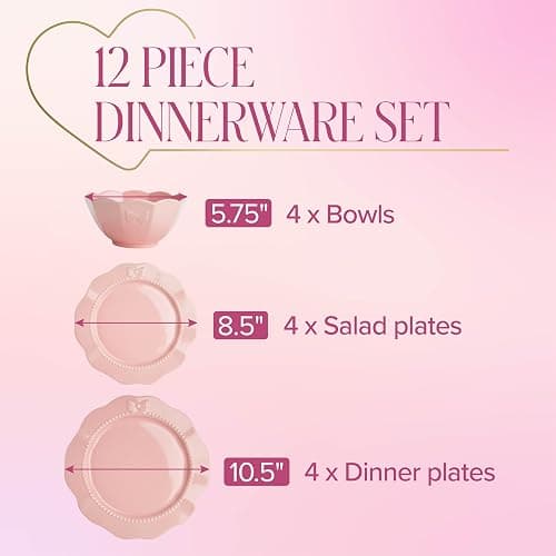 Paris Hilton 12-Piece Dinnerware Set, Embossed Bow Design, Iconic Ceramic Stoneware Service for 4 with Dinner Plates, Salad Plates, and Bowls, Microwave & Dishwasher Safe, Pink thumbnail 5