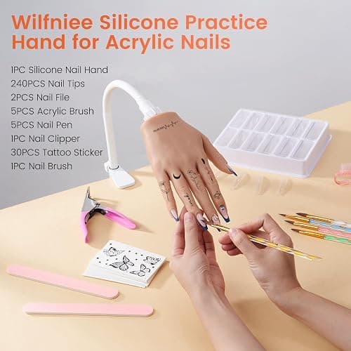 Practice Hand for Acrylic Nails: Realistic Silicone Nail Hand Practice with Tattoo Stickers - Flexible Fake Hand Mannequin Nail Hand Kit for Beginners thumbnail 2