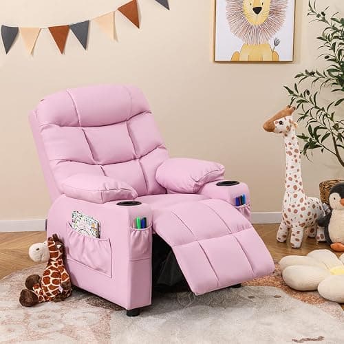 Costzon Kids Recliner Chair with Cup Holder, Adjustable Lounge Chair w/Footrest & Side Pockets for Children Boys Girls Room, Ergonomic Toddler Furniture Sofa, Kids Recliner (Pink) - Pink - 26” x 28” x 34” (L x W x H) thumbnail 8