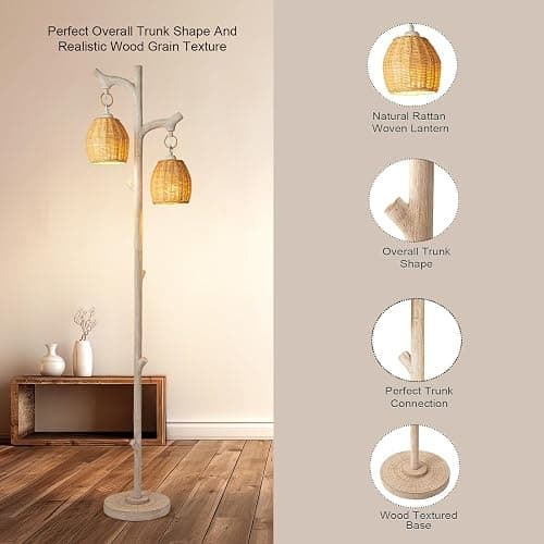 68" High Farmhouse Rustic Country Cottage Floor Lamp Tree Trunk Faux Wood Column White Washed Wicker Drum Shade Decor for Living Room Bedroom Reading Room thumbnail 2