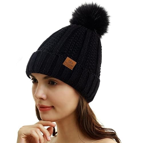 PAGE ONE Womens Winter Thick Cable Knit Beanie Faux Fur Pom Hat Fleece Lined Skull Cap thumbnail 2