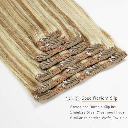 Caliee Blonde Clip in Hair Extensions Real Human Hair,P10-613 Natural Human Hair Extensions Clip ins Real Human Hair for Women Full Head 120G with 16 Clips 7Pcs Lace Clip in hair 18Inch - 18 Inch 120G- Lace Clip - P10-613 Highlight Golden Brown and Bleach Blonde thumbnail 3