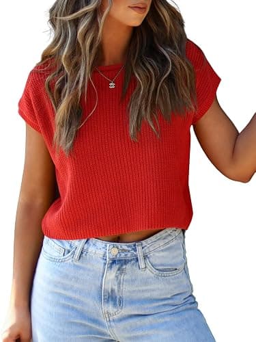 LCXWFE Womens Summer Cropped Sweater Vest Trendy Cap Sleeve Crop Tops Crew Neck Loose Knit Tank Top thumbnail 2