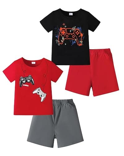 KIMI BEAR Toddler Boy Clothes Summer Outfits T-Shirt and Shorts Set | 4 Pack Boy Set, 2T 3T 4T 5T 6T Boys Clothes Size 7, Soft, Elastic Waistband, Cute Prints, School & Hawaiian & Daily Wear - Image 1