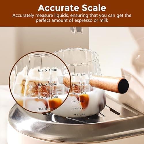 YARRAMATE 2 Pack 6 oz/180ML Glass Measuring Cup with Wooden Handle – Espresso Shot Cups, Ribbed Milk Frothing Pitcher, Dual Scale Markings, V-Shaped Mouth for Easy Pouring thumbnail 5