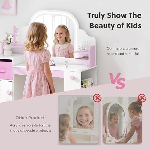 Frogprin Kids Vanity with Lights and Chair, Princess Makeup Vanity Desk with Mirror Bookshelf Storage Cabinet,3 in 1 Toddler Vanity Table Makeup Dressing Table, Pretend Play Vanity Set for Little Girl thumbnail 5