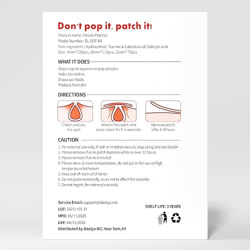 Daolyo Pimple Patches for Face - 3 Size 510 Counts Hydrocolloid Acne Patches for Covering Zits and Blemishes, Spot Stickers with Salicylic Acid, Tea Tree Oil & Calendula Oil(8mm,10mm,12mm) thumbnail 9