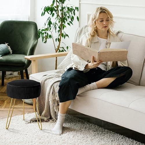 LUE BONA Pleated Vanity Stool, Velvet Upholstered Vanity Stool for Makeup Room, Ottoman Footrest with Metal Legs for Living Room, Bedroom, Black thumbnail 4