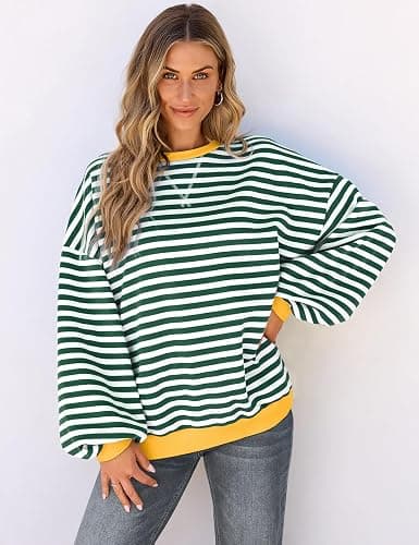 UEU Women Oversized Striped Crewneck Sweatshirt Long Sleeve Color Block Pullover Tops Casual Loose Workout Shirt thumbnail 3