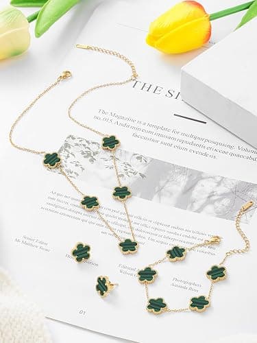 Qinpan Five Leaf Clover Necklace Bracelet and Stud Set for Women Lucky Flower Gold Plated Jewelry thumbnail 4