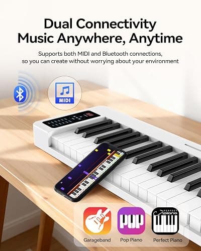 Rhymo Folding Piano Keyboard, 61 Keys Sensitive Electric Piano | Semi-Weighted Portable Electric Keyboard with Bluetooth MIDI, Digital Foldable Keyboard for Beginners(White) thumbnail 3