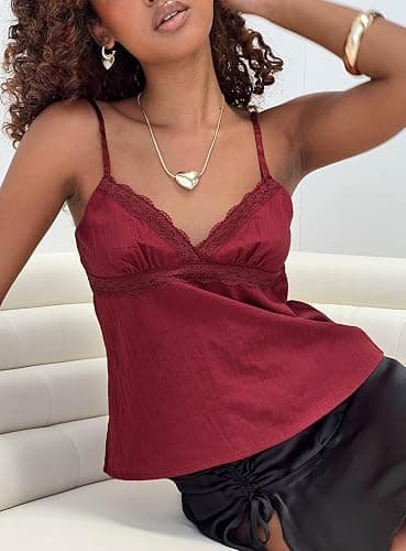 YYDSTYLE Women Y2k Lace Trim Cami Top Spaghetti Strap V Neck Peplum Camisole Summer Cute Fairy Aesthetic Babydoll Tank Tops thumbnail 2