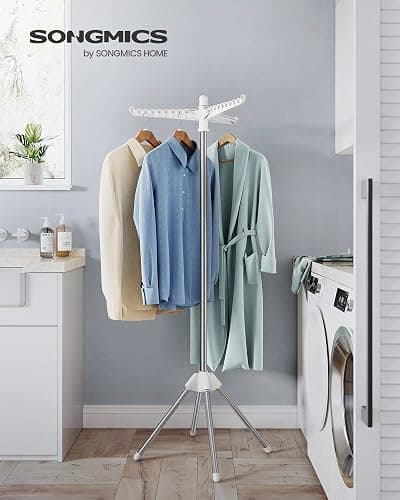 SONGMICS Clothes Drying Rack, 59-Inch Folding Laundry Drying Rack with 3 Rotatable Arms for Hangers, 4 Legs, Stainless Steel, for 27 Pieces of Clothes, White and Silver ULLR510W01 thumbnail 2