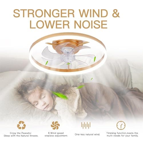 STERREN Modern Gold Ceiling Fans with Lights,20" Dimmable Flush Mount Low Profile Ceiling Fans with Remote Control,Indoor Smart Ceiling Fan with Light for Bedroom thumbnail 5