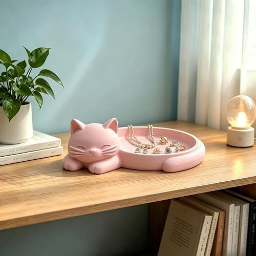 Cat Ring Holder Jewelry Dish Cute Trinket Tray Gifts for Cat Mom Lovers | Pink Cat Design, 3D Printed, Holds Rings Earrings Necklace Keys, Vanity Dresser Bathroom Office Desk Decor Gifts for Women thumbnail 5
