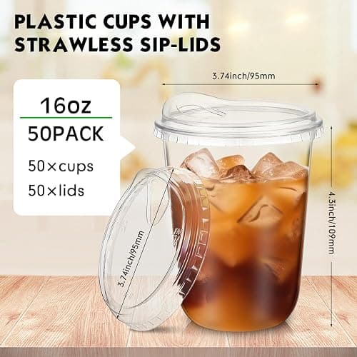 Baderke Clear Plastic Cups with Strawless Sip Lids Disposable Round Bottom Togo Cups for Coffee Smoothie Cold Beverage Coffee Shops and Party Catering(16 oz,50 Pcs) thumbnail 3