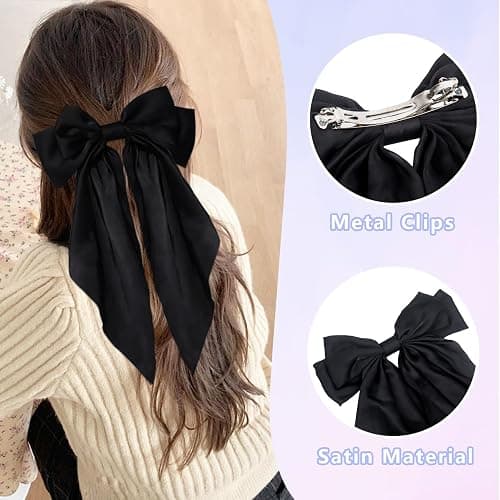6 Pack Large Bows for Women - Big Solid Color French Hair Bow Clips with Long Tail Barrettes thumbnail 6
