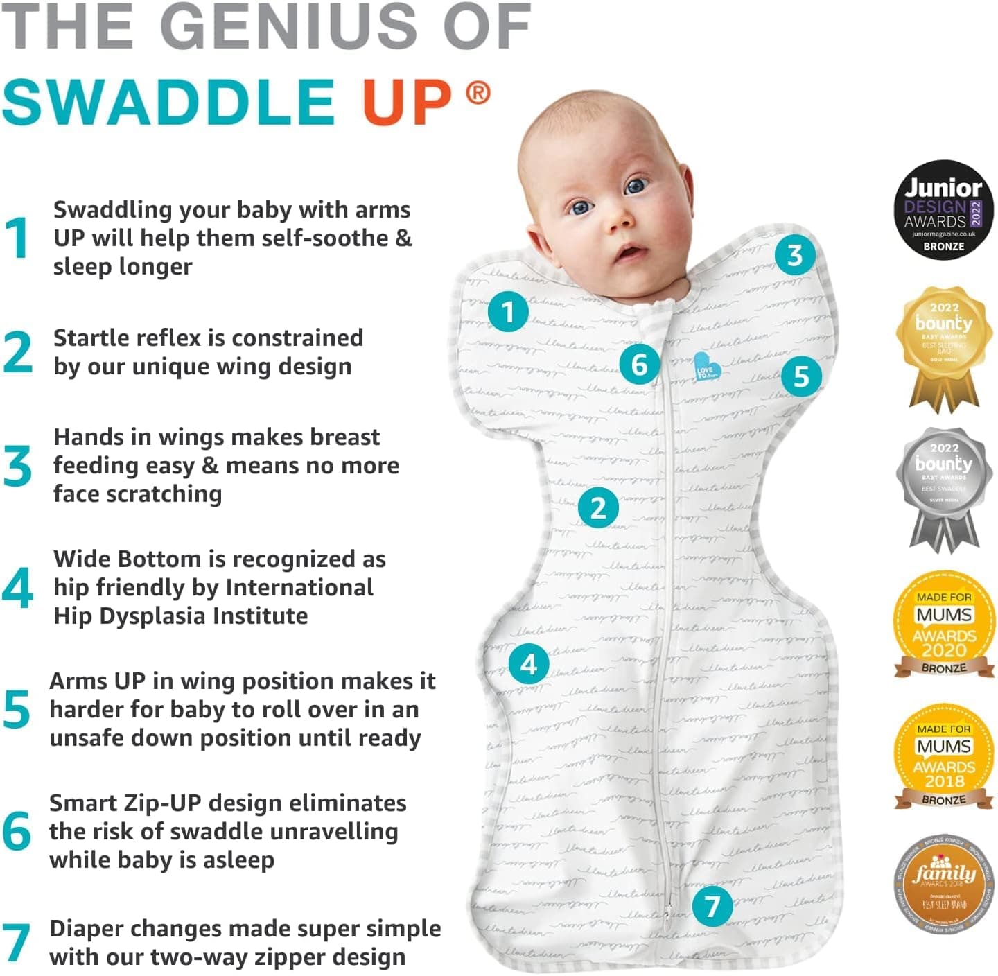 Love To Dream Swaddle UP™ Lite, Medium (6-8.5kg), Ultra-Light for Warm Room Temperatures (24-27°C), 0.2 TOG, Arms Up Position, Twin Zipper for Easy Nappy Changes, Olive thumbnail 11