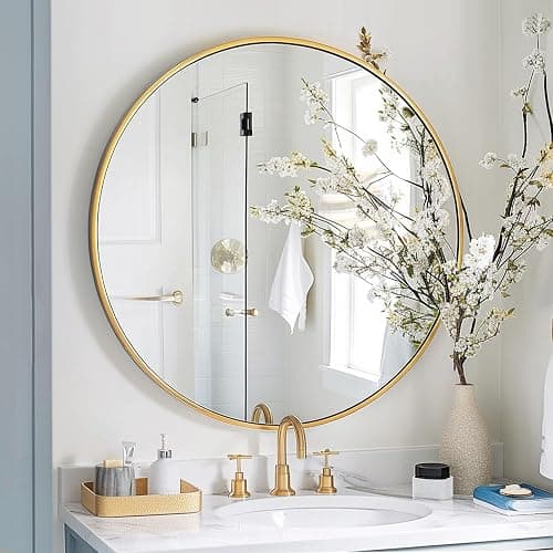 Sunniry Gold Round Mirror, 24 inch Circle Mirror, Gold Brushed Metal Frame Bathroom Mirrors, Round Wall Mounted Mirrors for Bathroom, Hallway, Living Room, Bedroom. thumbnail 4