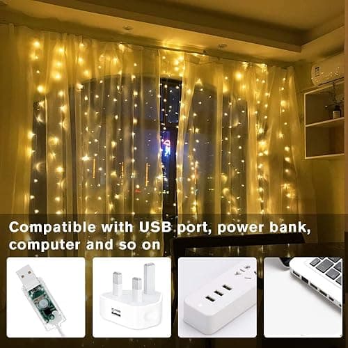 Unihoh Curtain Lights, Fairy Lights for Bedroom, 300 LEDs Warm White Twinkle Lights W/ 8 Modes USB Powered, Icicle String Lights W/ Remote & Timer for Indoor Xmas Party Patio Decoration(9.8 x 9.8 Ft) thumbnail 5