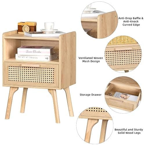 Lerliuo Rattan Nightstand, Boho Side Table with Drawer Open Shelf | Cane Accent Bedside End Table with Solid Wood Legs for Bedroom, Dorm and Small Spaces (Natural) thumbnail 6