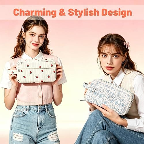 YILANCOL Cute Corduroy Pencil Case Pouch with Handle,Extra Large 4 Compartment Aesthetic Pen Case Pouch Organizer Gifts for Teen Girls,School,College,Birthday Gifts (Beige Strawberry) thumbnail 3