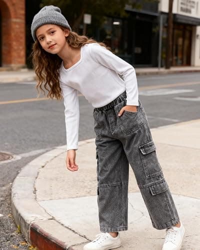 Tween Girls Clothes 2 Piece Long Sleeve Top + Denim Cargo Pants, Teen Girls Fall Clothing Set, Sizes 5-12 Years thumbnail 4