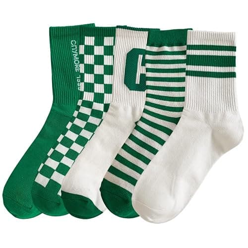 Xhonp 5 Pairs Cute Big C Letter Crew Socks Sports,Casual,Striped for Women Socks - Image 1