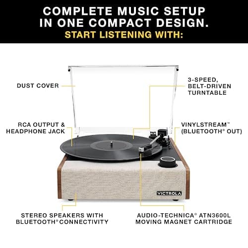 Victrola Eastwood II Record Player with Speakers – Bluetooth 5.1 and Vinyl Stream Technology, Vintage Style 3-Speed Vinyl Player, Audio Technica AT-3600LA Cartridge (Oak) thumbnail 2
