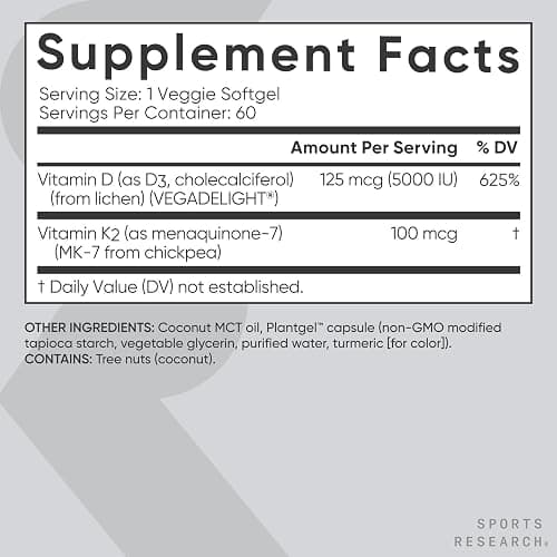 Sports Research® Vitamin D3 + K2 w/ Coconut Oil - Vegan Vitamin D 5000iu & Mk7 Vitamin K 100mcg for Bone & Immune Support - Vegan Certified · Non-GMO · Soy Free - 60 Softgels thumbnail 5