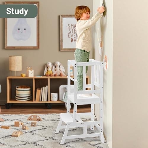 COSYLAND Kids Kitchen Step Stool, Height Adjustable Toddler Standing Tower Nursery Helper with CPC & FSC Certification, Removable Safety Railing Enjoys Exclusive Paten，White thumbnail 8