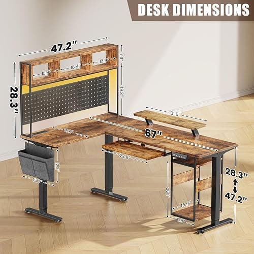 Flycity Electric L Shaped Standing Desk Adjustable Height, 67" x 47" Corner Computer Desk with Host Shelf, Gaming Desk with LED Lights & Power Outlet, Dual Motor Home Office Desk with Storage, Brown thumbnail 3