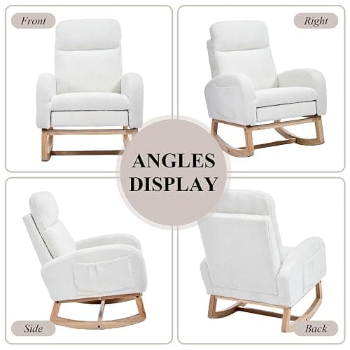 NIOIIKIT Oversized Nursery Rocking Chair, Teddy Upholstered Glider Chair with Footrest, Large Glider Rocker with Side Pocket, Rocking Accent Chair, Glider Recliner for Living Room (White Teddy) thumbnail 7