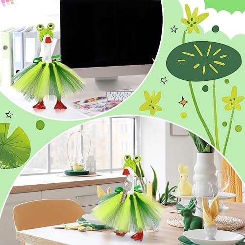 Sunnymove 7 Inch Mini Desk Goose Outfits with Frog shape Knitting Hat green Tutu Dress Mini Desk Goose Customs for Magnetic Statue Key Holder Decor thumbnail 5