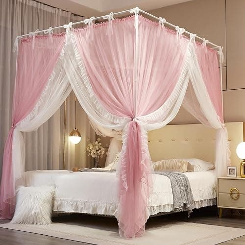 NXGIO 4 Corners Post Princess Curtain Bed Canopy Lace Up Double Layer 4 Opening Mosquito Net Mesh for Girls Bedroom Decoration(Pink/White, 78" W*86" L*82" H/King) - Image 1