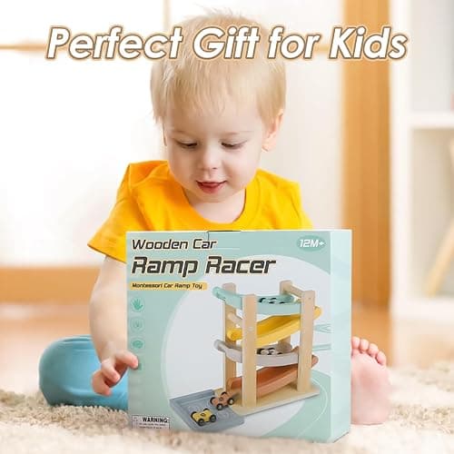 Wooden Car Ramp Toy for 1-2 Year Old Boys & Girls - Click Clack Track with 4 Mini Cars & Toy Garage thumbnail 7