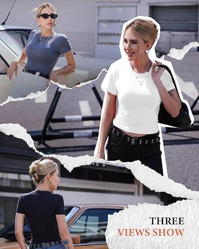 GAYHAY 3 Pack Basic Tees for Women - Crew Neck Slim Fit Tight T Shirts Cute Y2K Trendy Crop Tops Clothes for Casual Summer thumbnail 2