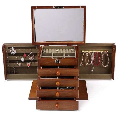 Changsuo Wooden Jewelry Box for Women, Organizer Box of Solid Wood with Lock and Key for Jewelries, Watches, Necklace, Ring, Lockable Storage Case (Dark Brown) thumbnail 3
