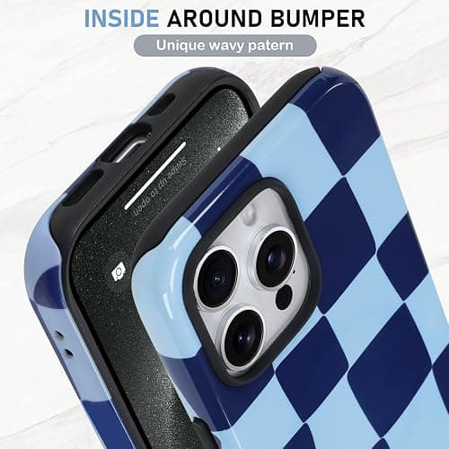 KANGHAR Compatible with iPhone 15 Pro Max Case, Aesthetic Checkered Cute Pattern, Support for MagSafe Shockproof Cover for Girls Women -Blue thumbnail 4