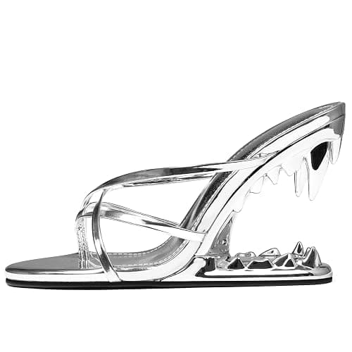 Goiphrri Wedge Sandals for Women Strappy Heels Round Open Toe Heels Metallic Shark Tiger Teeth heeled Sandals Flip Flops Thong Womens Mules Slip on Party Dress Wedding Ceremony - Image 1