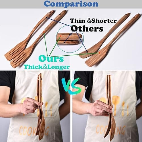 Gudamaye 13 inch Long Wooden Utensils for Cooking, Long Handle Wooden Spoons for Cooking, 7 PCES Crafting Wooden Spoon Set, Wooden Kitchen Utensil set, Natural Teak Wooden utensil Set thumbnail 6