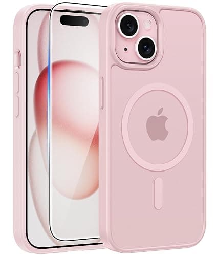 FNTCASE for iPhone 15/14/13 Case, Fit for Magsafe, Glass Screen Protector | Translucent Matte, Magnetic Phone Cases, 14FT Military Grade Drop Protection, Slim Shockproof Protective Cover, Light Pink - Image 1