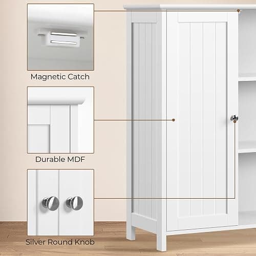 Yaheetech Bathroom Floor Cabinet, Modern Storage Freestanding Organizer Cabinet with Adjustable Shelves & Double Doors, 3-Tier Home Living Room Furniture, White thumbnail 7