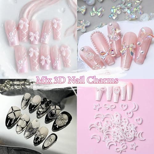 3D Assorted Nail Charms Gems, Bow Bowknot Butterfly Flower Acrylic Nail Art Charms, Half Round Nail Pearl and Rhinetones Charms for DIY Nail Art Accessories thumbnail 6