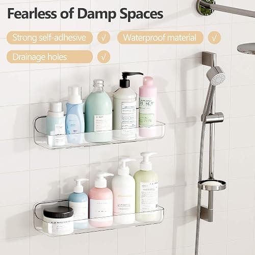 UDD Acrylic Clear Shower Caddy Adhesive Shelf, 2pc Plastic Shower Organizer with Self Adhesive Tape, No Drilling Wall Mount Shower Shelves for Bathroom Kitchen, Transparent thumbnail 3