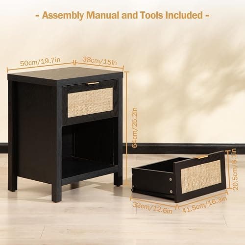 SICOTAS Rattan Night Stands Set of 2, Farmhouse Nightstand Bedside Table with Drawer and Storage Shelf, Boho End Side Table for Bedroom, Small Space, Black Oak thumbnail 3
